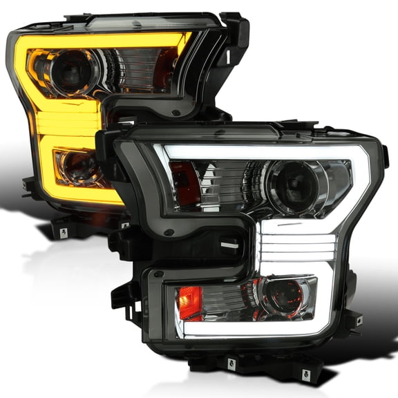 Spec-D Tuning Smoke Dual Projector Headlights w/ Switchback Sequential LED Tube Signal Compatible with 2015-2017 Ford F150 Left + Right Pair Headlamps Assembly