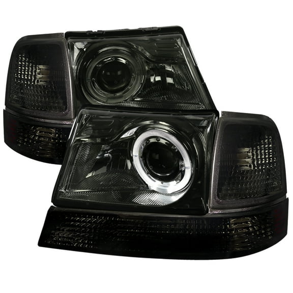 Spec-D Tuning Smoke Halo Ring Projector Headlights + Smoke Corner Lights Compatible with 1998-2000 Ford Ranger, Left + Right Pair Headlamps Assembly