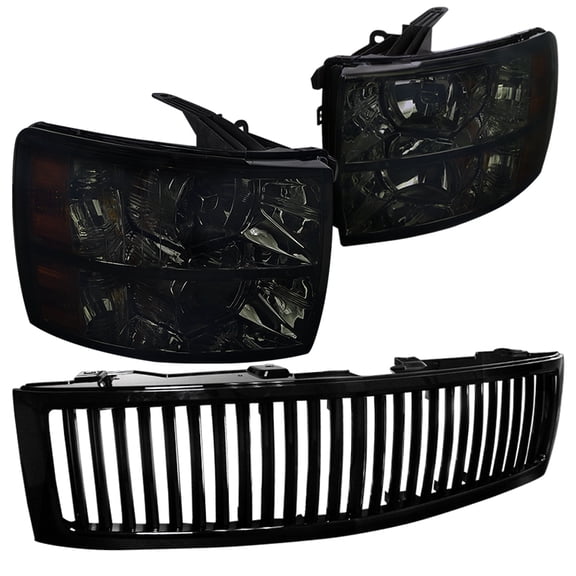 Spec-D Tuning Smoke Headlights + Black Vertical Hood Grille Grill Compatible with 2007-2013 Chevy Silverado 1500 Pickup