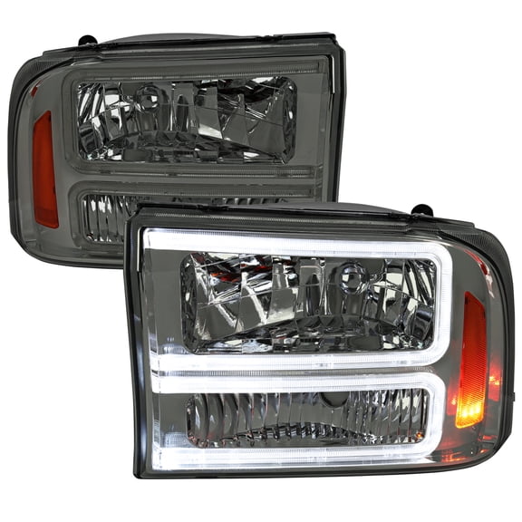 Spec-D Tuning Smoke Headlights with LED Bar Compatible with 1999-2004 Ford F-250, F-350, F-450 SuperDuty, 2000-2004 Excursion, Left + Right Head Lights Assembly