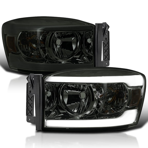 Spec-D Tuning Smoke Headlights w/ LED Bar Compatible with 2006-2008 Dodge Ram 1500 / 2500 / 3500, 2007-2009 Dodge Ram 2500 / 3500, Left + Right Pair Headlamps Assembly