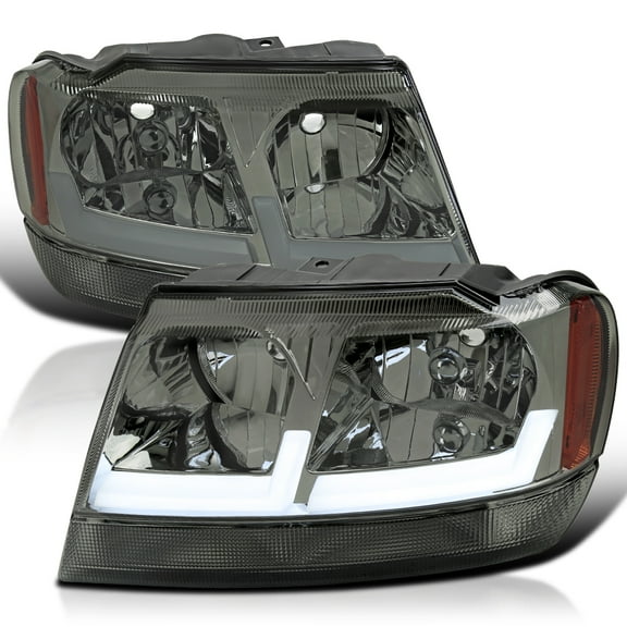 Spec-D Tuning Smoke Headlights with Fiber Optic LED Strips Compatible with 1999-2004 Jeep Grand Cherokee, Left + Right Pair Headlamp Assembly