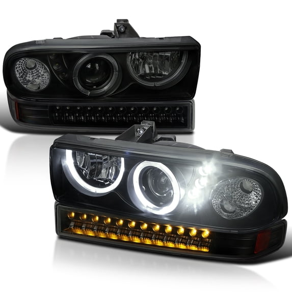 Spec-D Tuning Smoke LED Halo Projector Headlights + LED Bumper Lights Compatible with 1998-2004 Chevy S10 Pickup, 1998-2004 Chevy Blazer, Left + Right Pair Headlamps Assembly