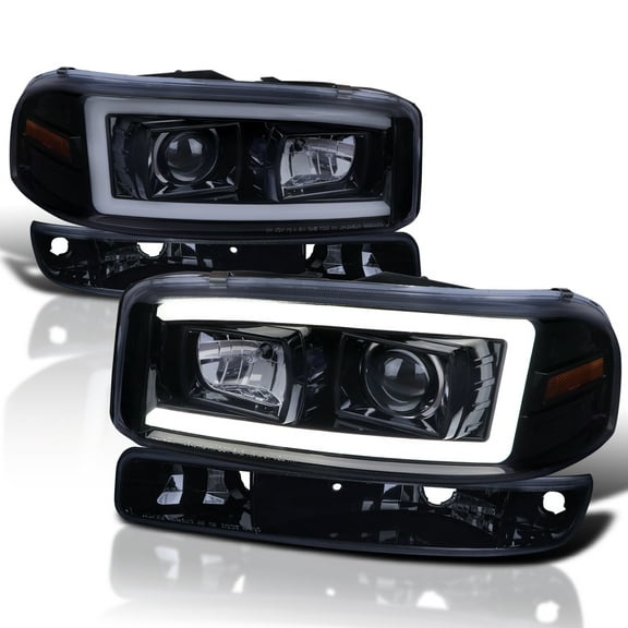 Spec-D Tuning Smoke Lens LED Light Bar Projector Headlight + Bumper Light Compatible with 1999-2006 GMC Sierra 1500/2500/3500, Left + Right Pair Headlamps Assembly