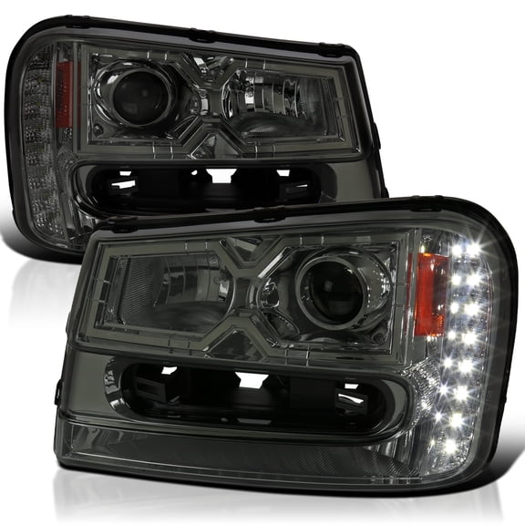 Spec-D Tuning Smoke Projector Headlights w/ LED Compatible with 2002-2009 Chevy Trailblazer, Left + Right Pair Headlamps Assembly