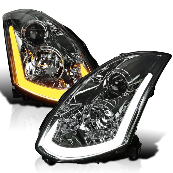 Spec-D Tuning Smoke Projector Headlights w/ Sequential LED Strip Compatible with 2003-2007 Infiniti G35 Coupe, Left + Right Pair Headlamps Assembly