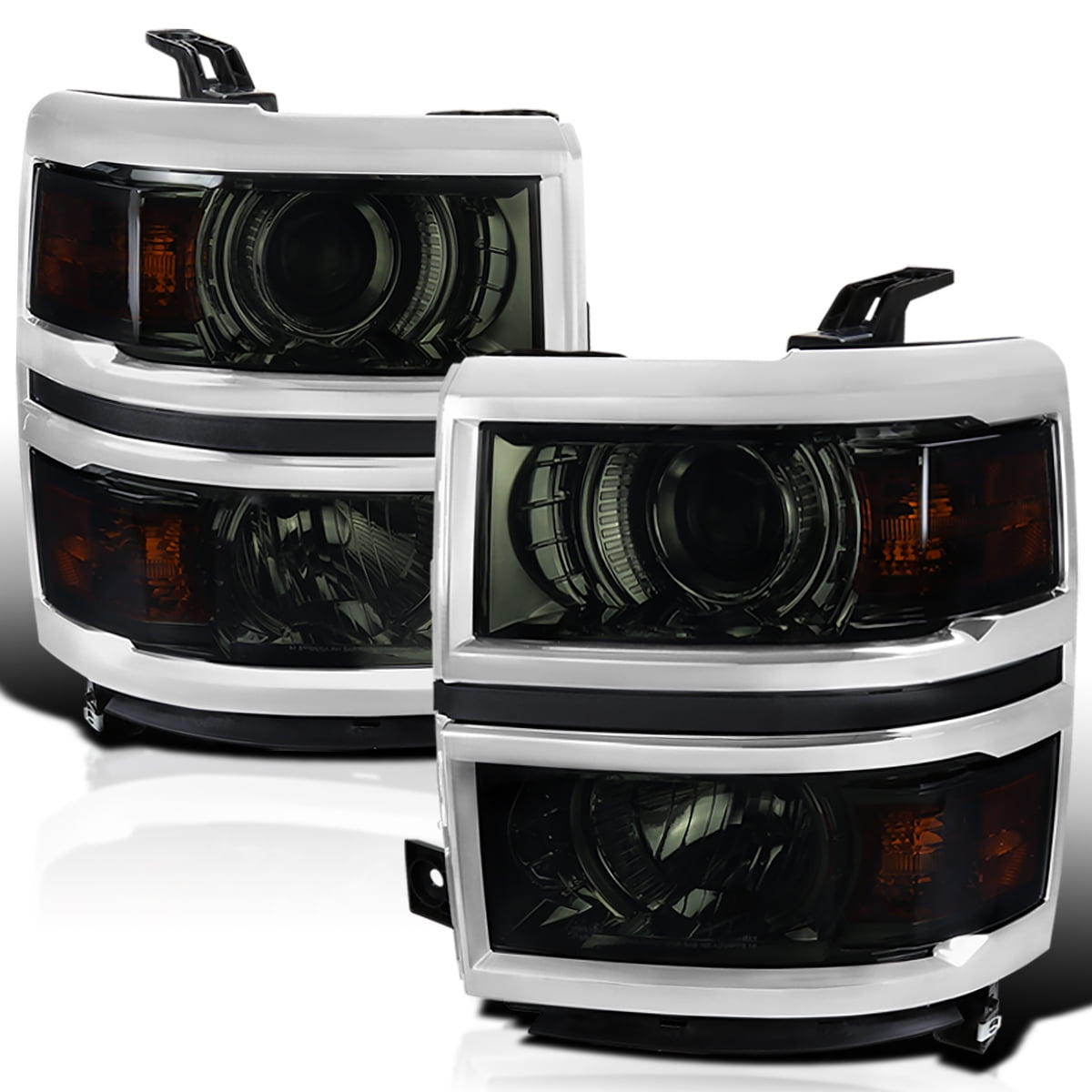 Spec-D Tuning Smoke Projector Headlights w/ Silver Trim Compatible with 2014-2015 Chevy Silverado 1500, Left + Right Pair Headlamps Assembly