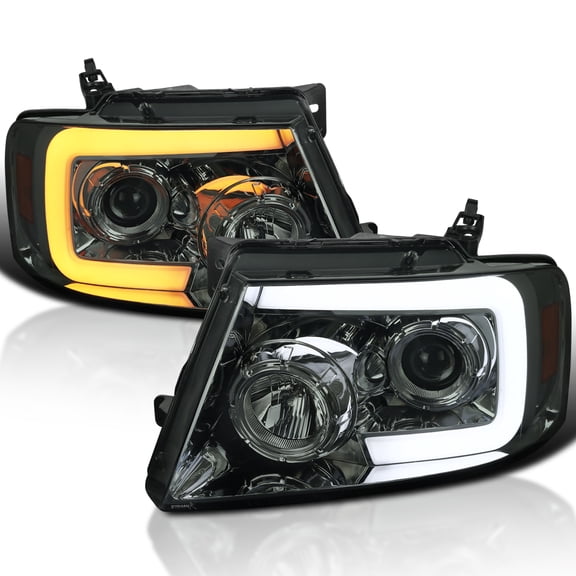 Spec-D Tuning Smoke Projector Headlights w/ Switchback Sequential Signal LED Tube Compatible with 2004-2008 Ford F150 2006-2008 Lincoln Mark LT, Left + Right Pair Headlamps Assembly