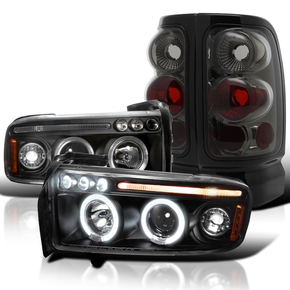 Spec-D Tuning Smoke R9 LED Halo Projector Headlights w/ LED Fog Lamps Compatible with Dodge Ram Left + Right Pair Headlamps Assembly