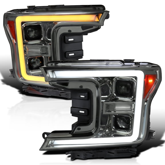 Spec-D Tuning Smoke Sequential Switchback Projector Headlights w/ LED Light Bar Compatible with 2018-2020 Ford F-150, Left + Right Pair Headlamps Assembly