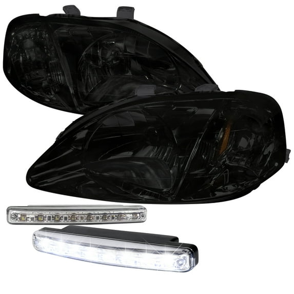 Spec-D Tuning Smoke Tint Lens Headlight + Led Front Bumper Fog Light for 1999-2000 Honda Civic Left + Right Pair