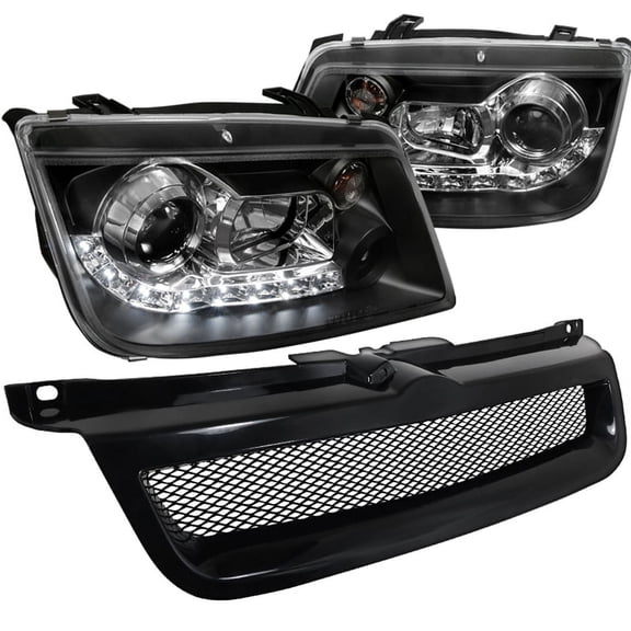 Spec-D Tuning Style Black LED Projector Headlights W/ Fog + Mesh Hood Grille Compatible with 1999-2004 Volkswagen Jetta R8 Left + Right Pair Headlamps Assembly
