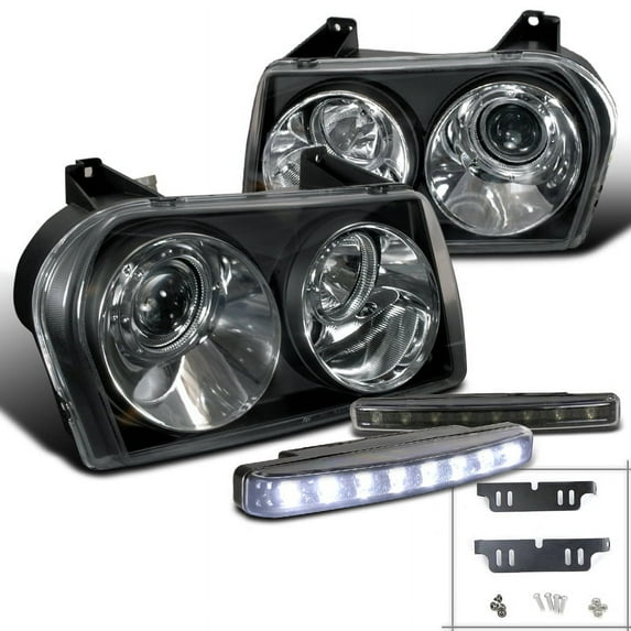 Spec-D Tuning crystal Black Projector Headlights + 8-LED Fog Lamps Compatible with Chrysler 300 Left + Right Pair Headlamps Assembly