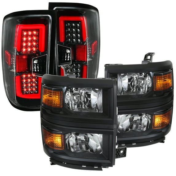 Spec-D Tuning for Chevy Silverado 1500 Black Headlights+Shiny Black LED Tail Brake Lamps