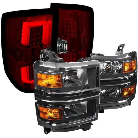 Spec-D Tuning for Chevy Silverado 1500 Pickup Black Headlights+Red/Smoke LED Rear Tail Lamps Pair