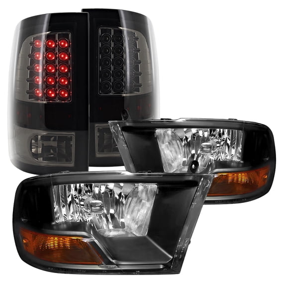 Spec-D Tuning for Dodge Ram 1500 2500 3500 Black Crystal Headlights, Glossy Black LED Tail Lamps