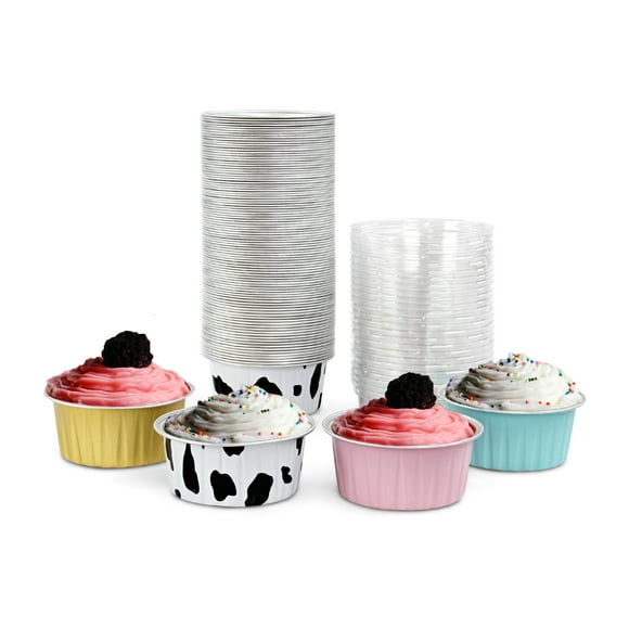Spec101 Aluminum Foil Mini Cake Pans with Lids - 100pk 5oz 4 Color Muffin Tins
