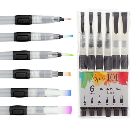 Spec101 Color Brush Pens for Watercolors - 6pc Flat to Fine Tip Aqua Brush Pens