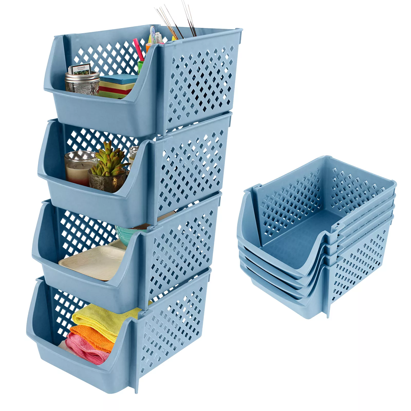 Spec101 Plastic Stackable Storage Bins - 4pc Blue Pantry Closet ...