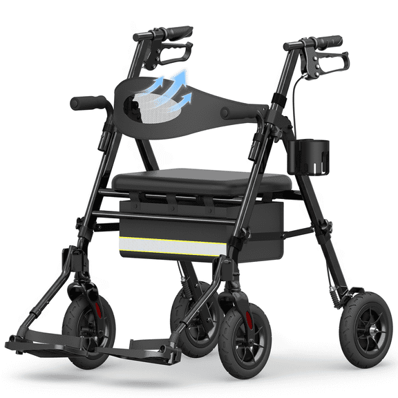 Specared 2 in 1 Rollator Walker for Seniors with 6.5" Ultra-Wide Breathable Backrest, 8" All-Terrain Wheels Transport Chair, Max 350lbs Black