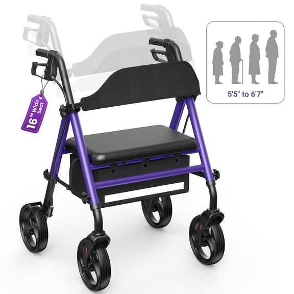 Specared All Terrain Rollator Walker for Seniors, 350lbs Heavy Duty Rolling Walker with 16" Wide Seat, 8" Wheels Storage Bag, Purple
