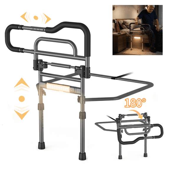 Specared Bed Rails for Elderly Safety, 180° One-Hand Folding Bed Assist Rails for Seniors with Sensor Light, Storage Pocket, Adjustable Height