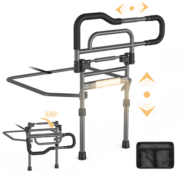Specared Bed Rails for Elderly Safety, 180° One-Hand Folding Bed Assist Rails for Seniors with Sensor Light, Storage Pocket, Adjustable Height