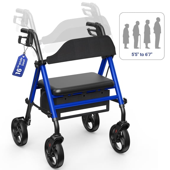 Specared Folding Rollator Walker with Seat, 16" Wide Seat 33"-41" Adjustable Height Lightweight Walkers, 350lbs Heavy Duty Blue