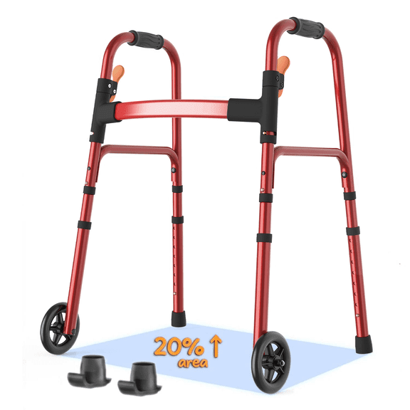 Specared Folding Walker for Seniors, Ultra-Lightweight Rolling Walker with Trigger Release Folding, 8 Levels 300lbs for Adults Handicap, Red