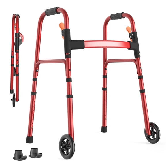 Specared Folding Walker for Seniors, Lightweight Rolling Walker with 8 Height Adjustments, One-Hand Folding, 300lbs Capacity for Elderly Adults and Handicap, Red