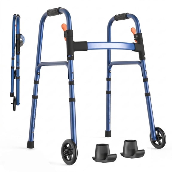 Specared Lightweight Folding Walker with One Hand Quick Fold, 8 Level Height Mobility Aid for Seniors with 300lbs Capacity, Blue