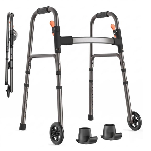 Specared Lightweight Folding Walker with One Hand Quick Fold, 8 Level Height Mobility Aid for Seniors with 300lbs Capacity, Gray