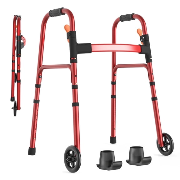 Specared Lightweight Folding Walker with One Hand Quick Fold, 8 Level Height Mobility Aid for Seniors with 300lbs Capacity, Red