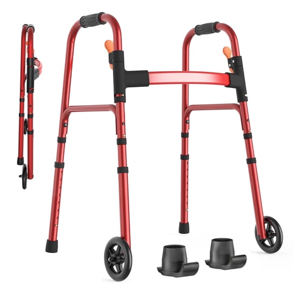 Specared Lightweight Folding Walker with One Hand Quick Fold, 8 Level Height Mobility Aid for Seniors with 300lbs Capacity, Red