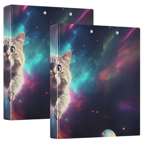 Spece Universe Cat Planets 3 Ring Binders 1.5 inch Hardcover File Folders with Interior Pockets A4 Size Organizer for School Office Hospital Set of 2