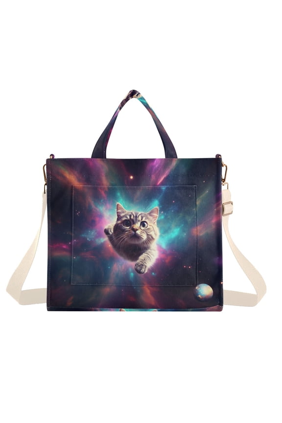 Spece Universe Cat Planets Corduroy Tote Bag Handbag Large Messenger Bag Shoulder Crossbody Zipper Bag Purse