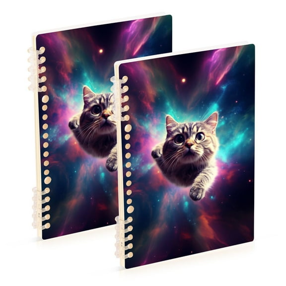 Spece Universe Cat Planets Ring Binder Notebook Journey Note Diary College Ruled Spiral Notebook Study Loose Leaf Paper A5 60 Pages