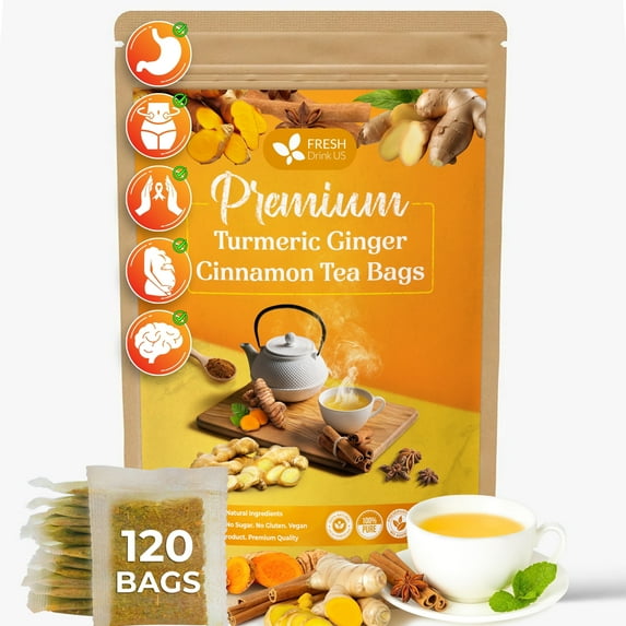 Special 120 Tea Bags Turmeric Ginger Cinnamon, 100% Natural, Hand-made Blend of Turmeric, Ginger, and Cinnamon. Eco-conscious Tea Bags. Herbal Tea, No Sugar, No Caffeine, No Gluten, Vegan.