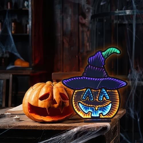 Special 3D LED Infinity Lights Pumpkin with Hat - Colorful Optical Illusion Night Light for Home Decor, Kids Room, Halloween, Seasonal Dcor,Thanksgiving and Christmas Decorations