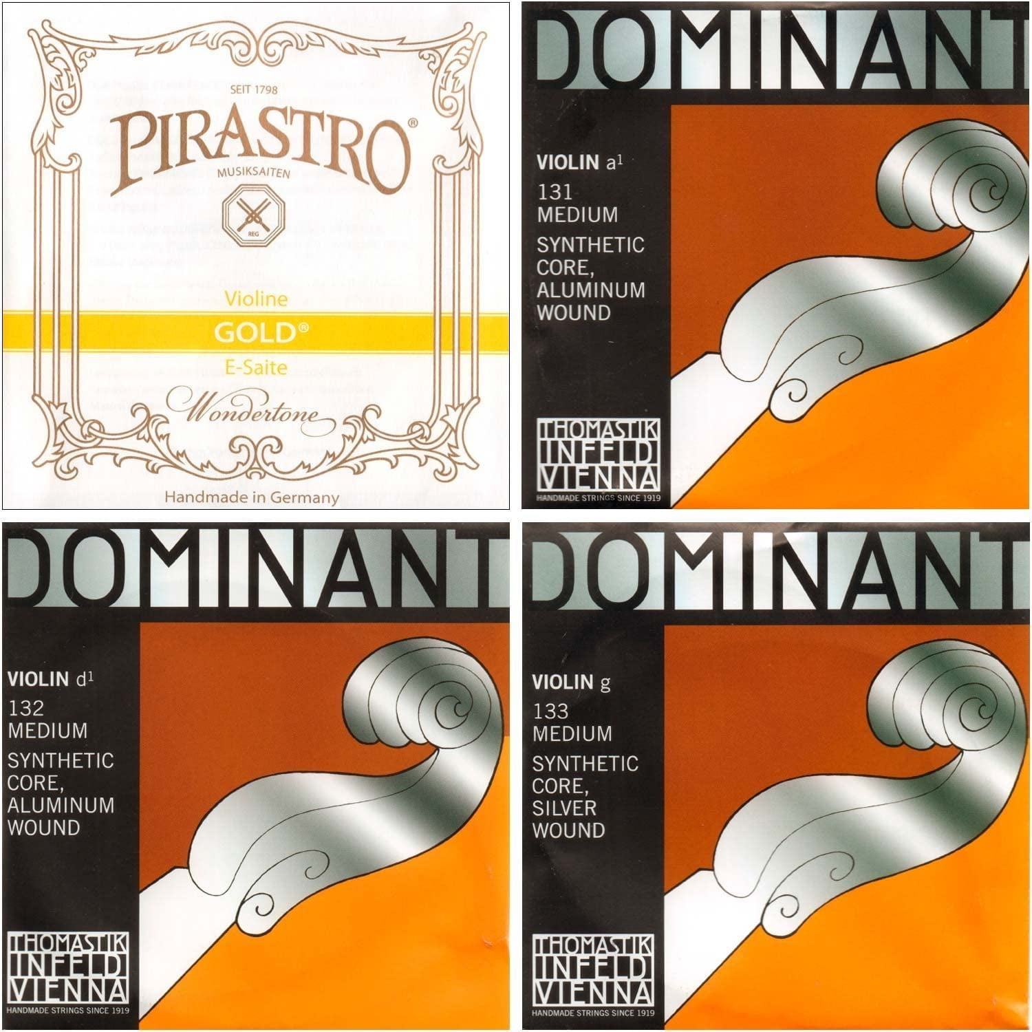 Special 4/4 Violin String Set: Gold Label Loop-End E & Dominant A, D, and G Strings - Medium Gauge