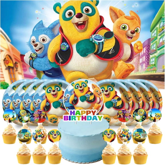 Special Agent Oso Birthday Party Decor Set - 5x2.3ft Backdrop Banner, Paper Plates, Cake Toppers & Fan Decorations
