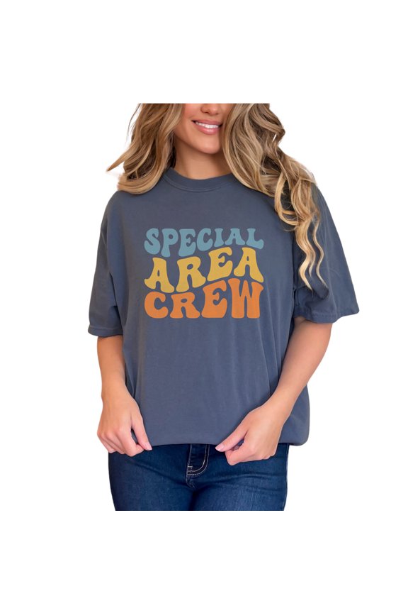Special Area Crew, Sea, Ocean or Shipping Themed, Groovy Retro Wavy Text, Denim Comfort Colors T-Shirt, Small