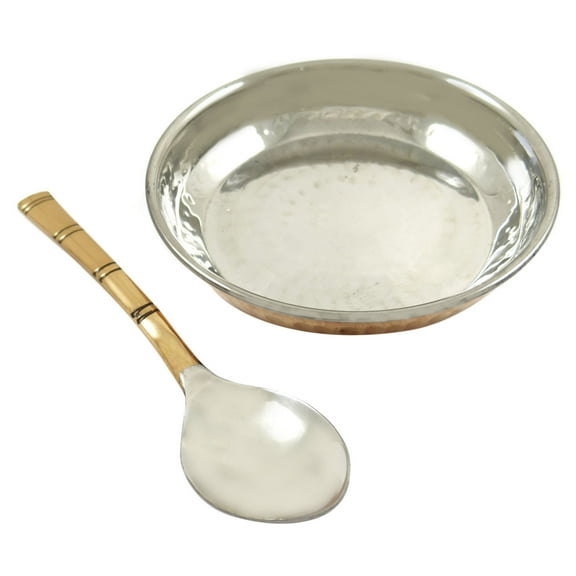 Special Authentic Traditional Indian Copper Steel Serving Plate With Spoon Tableware Dinnerware Kitchen Utensils