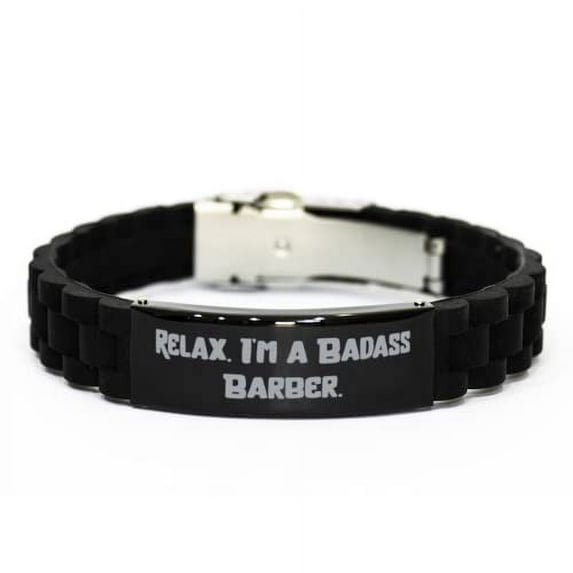 Special Barber Gifts, Relax. I'm a Badass Barber, Unique Holiday Black Glidelock Clasp Bracelet from Coworkers, Engraved Bracelet, Gift for Barber, Engraved Bracelets, Gifts for Barbers