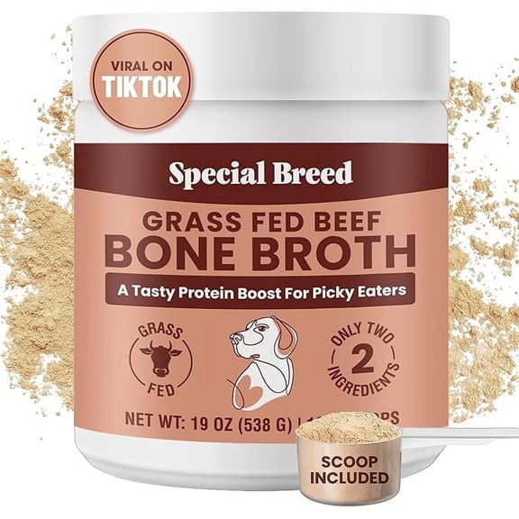 Bone Broth Powder for Dogs and Cats - Dog & Cat Food Topper for Picky Eaters - Grass Fed Beef Bone Broth Supplement - Supports Hydration, Joint, Immunity & Heart Health - Serve Dry or Wet - 19oz