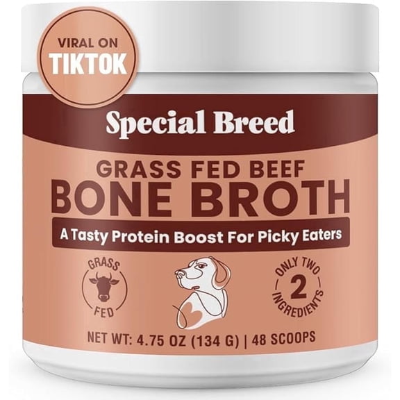 Bone Broth Powder for Dogs and Cats - Dog & Cat Food Topper for Picky Eaters - Grass Fed Beef Bone Broth Supplement - Supports Hydration, Joint, Immunity & Heart Health - Serve Dry or Wet - 4.75oz