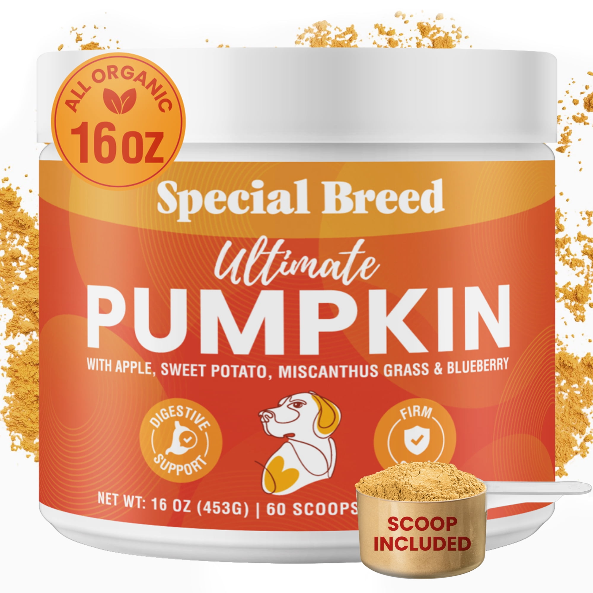 Ultimate Pumpkin for Dogs (16 oz) - with Organic Pumpkin, Apple, Sweet Potato, Miscanthus Grass & Blueberry, Digestive Support Relief for Constipation, Loose Stools, and Upset Stomaches, 60 Scoops