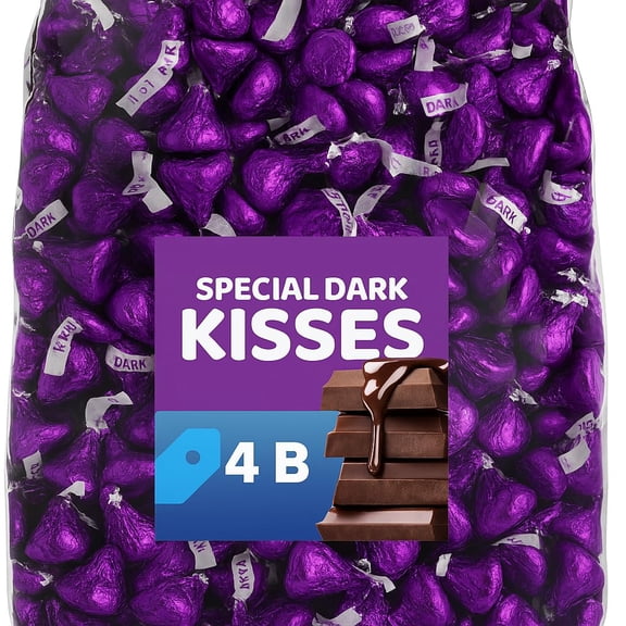 Special Dark Kisses Chocolate - 4 LB (Approx. 400 pcs) - Bulk Individually Wrapped Purple Foil Candy 034000859528