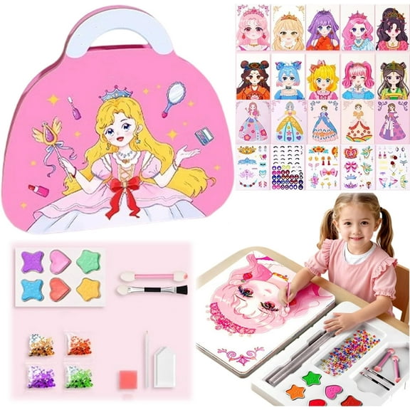 Special Diamond Painting & Princess Book Makeup Craft Kits,Reusable Dress Up Foil Art Book, Creative Screen-Free Craft Gift for Kids Ages 4-10(1Set-A)