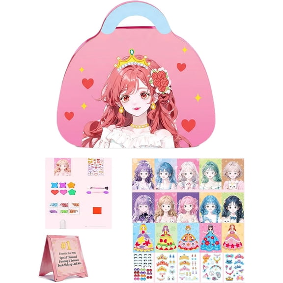 Special Diamond Painting & Princess Book Makeup Craft Kits Foil Art Books Set Play on Paper for Girl Handcraft Easter Gifts, 4-in-1 Magic Princess Craft Set, Fairy Fashion Glam Book